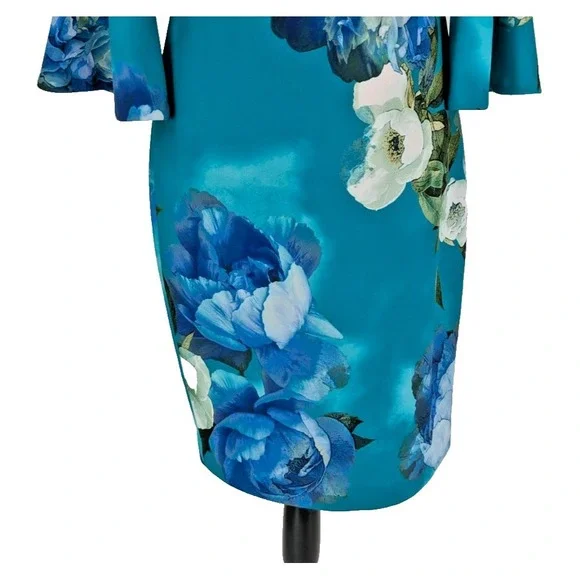 CALVIN KLEIN Midi Dress SIZE 8 Turquoise Blue White Bold Floral Easter GREAT - Picture 6 of 13